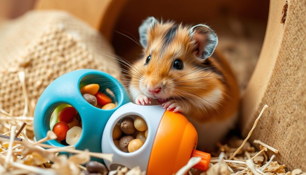 Hamster chewing on a foraging toy