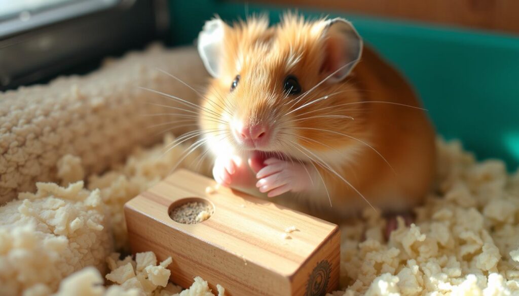 Hamster chewing on wooden block